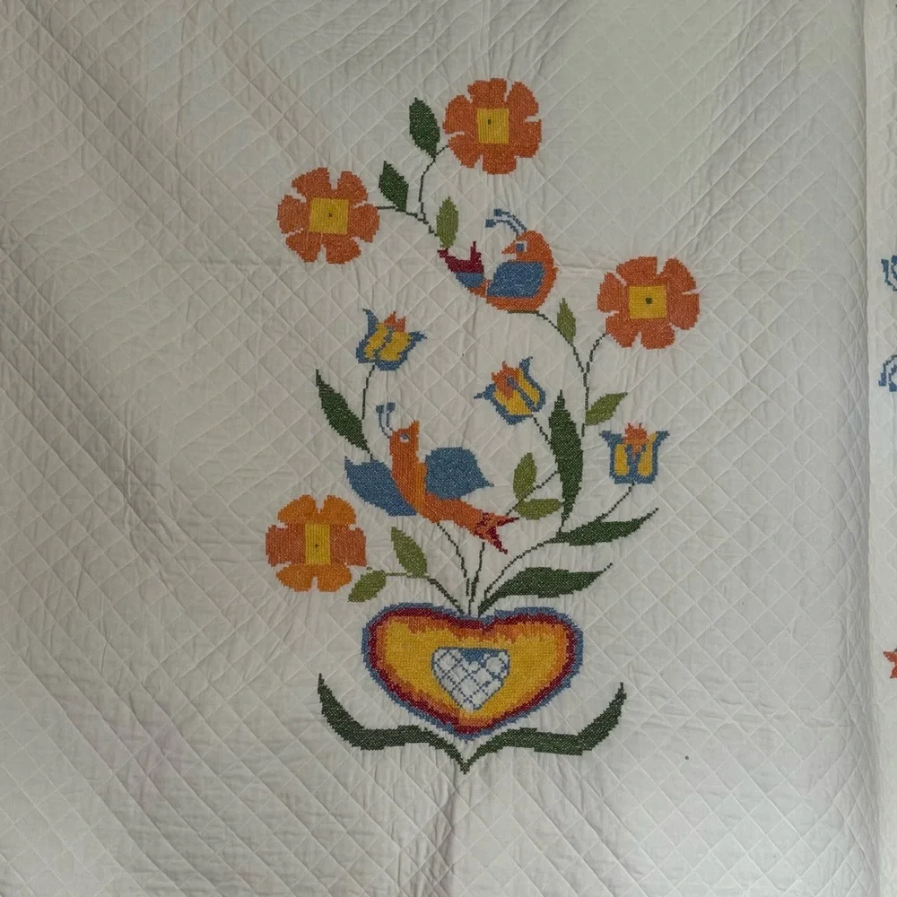 Vintage Lovebirds Needlepoint Quilt‎ Folk Art Heart Floral Bedspread Queen XL
